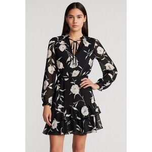 Lauren Ralph Lauren 8 Black Floral Georgette Dress Tiered Ruffle Hem ‎ Twee